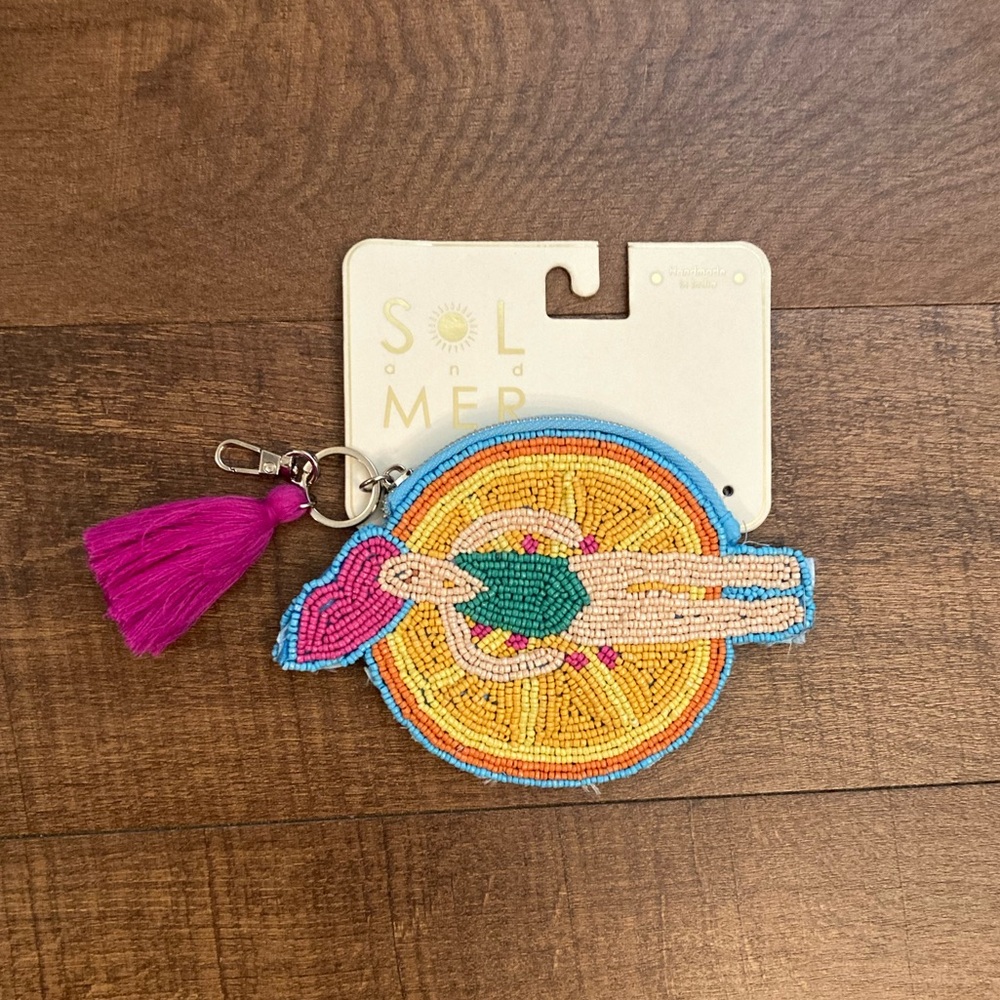 SOL AND MAR Citrus Slice Beaded Coin Purse w/ Tassel Card Holder Keychain NWT